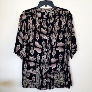 Egyptian hyroglific elephant print metal detail button down shirt blouse.